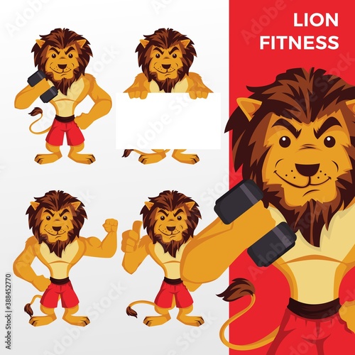 lion fitness mascot character set logo vector icon illustration