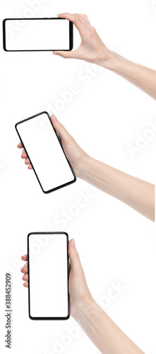 Collage woman hand holding the black new smartphone with blank screen isolated white background. set female  hands using phone clipping path