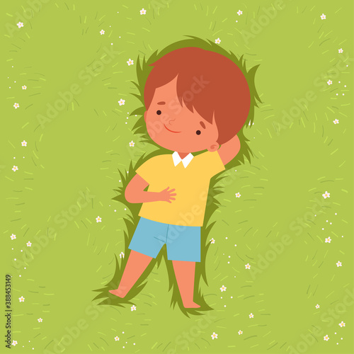 Top View of Adorable Boy Lying Down on Green Lawn, Lovely Kid Lying on Grass Dreamily Looking into Sky Cartoon Vector Illustration