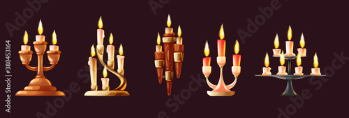 Realistic candles in candlesticks set. Retro vintage candle holders, chandelier and candelabrums with burning flames. Household and church items.