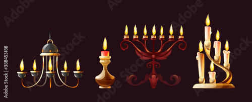 Realistic candles in candlesticks set. Retro vintage candle holders, chandelier and candelabrums with burning flames. Household and church items.