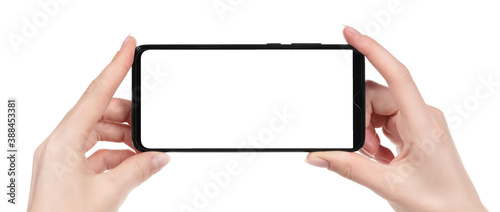 Woman hand holding the black new smartphone with blank screen isolated white background. hands using phone clipping path