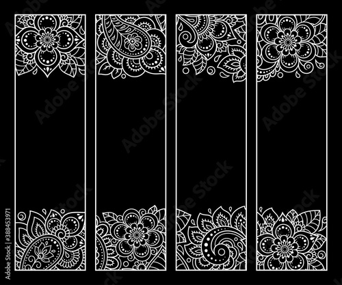 Printable bookmark for book - coloring. Set of black and white labels with flower patterns, hand draw in mehndi style. Sketch of ornaments for creativity of children and adults with colored pencils.