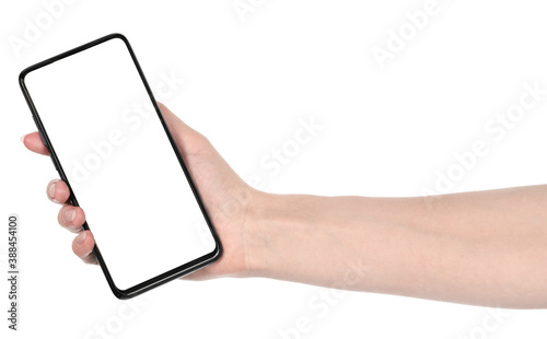 Woman hand holding the black new smartphone with blank screen isolated white background. hands using phone clipping path