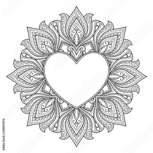 Circular pattern in form of mandala with frame in shape of heart. Decorative ornament in ethnic oriental mehndi style. Outline doodle hand draw vector illustration. Antistress coloring book page.