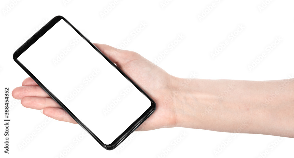 Woman hand holding the black new smartphone with blank screen isolated white background. hands using phone clipping path Woman hand holding the black new smartphone with blank screen isolated white background. hands using phone clipping path