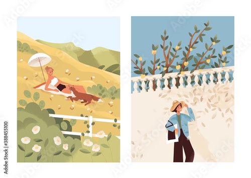 Solitude concept. Female in bikini sunbathing with dog in meadow. Relaxed happy woman walking alone in the street. People spending summertime outdoors. Urban vs nature rest. Flat vector illustration