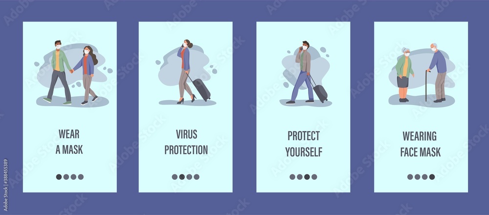 People wear masks mobile app template.  Concept of epidemic control, air pollution, covid-19. Flat vector illustration.
