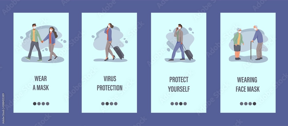 People wear masks mobile app template. Concept of epidemic control, air pollution, covid-19. Flat vector illustration. People wear masks mobile app template. Concept of epidemic control, air pollution, covid-19. Flat vector illustration.