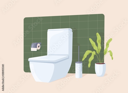 Restroom equipped with white ceramic toilet bowl, paper and brush. Clean modern WC with green plant isolated on beige background. Flat vector illustration photo