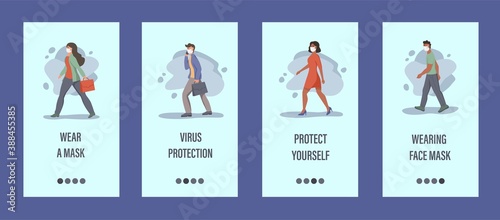 People wear masks mobile app template. Concept of epidemic control, air pollution, covid-19. Flat vector illustration.