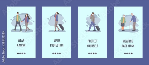 People wear masks mobile app template. Concept of epidemic control, air pollution, covid-19. Flat vector illustration.