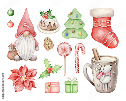 Watercolor set of Christmas elements:Santa,pudding,Christmas tree,presents,balls,candies,Christmas sock,cone,poinsettia,holly © Victoria