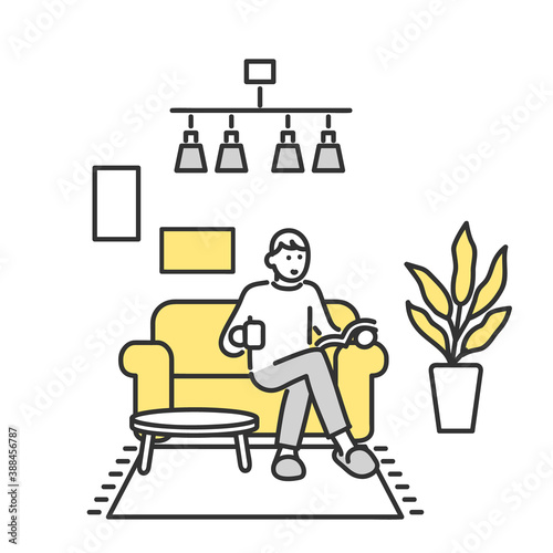 家のリビングで読書をしながらくつろいでいる男性のイラスト素材