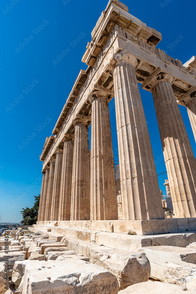 Obraz premium Acropolis, Athens Greece,July 27, 2017 View of the corner of the Parthenon at the Acropolis of Athens an ancient citadel archeologicall site above the city of athens in Greece
