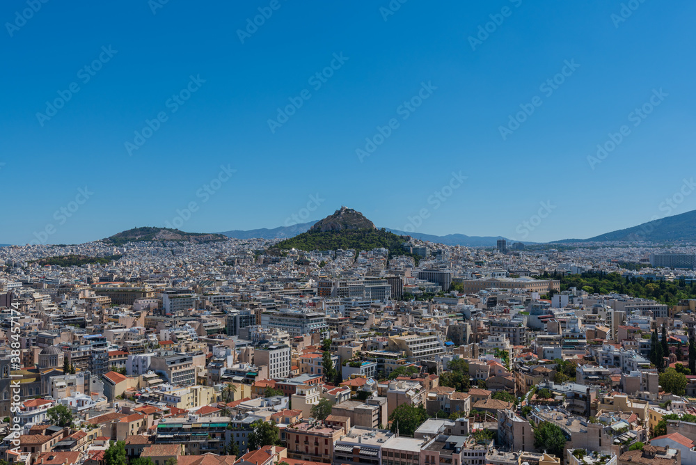 Acropolis, Athens Greece,July 27, 2017 Mount Lycabettus a view from the Acropolis at Athens