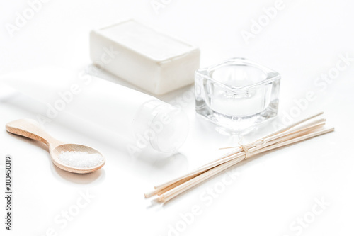white cosmetic set on desk background