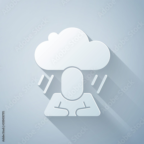 Paper cut Depression and frustration icon isolated on grey background. Man in depressive state of mind. Mental health problems. Paper art style. Vector.