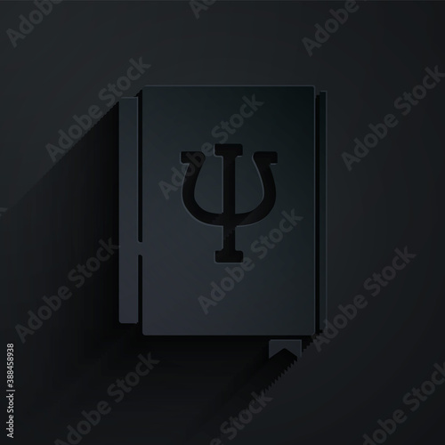 Paper cut Psychology book icon isolated on black background. Psi symbol. Mental health concept, psychoanalysis analysis and psychotherapy. Paper art style. Vector.