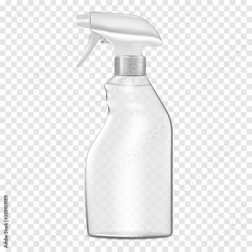 Clear plastic mist spray bottle filled with liquid on transparent background, vector mockup. Water spraying container, mock-up. Trigger pump sprayer with screw cap, template