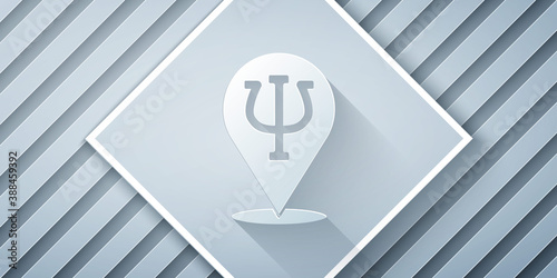 Paper cut Psychology icon isolated on grey background. Psi symbol. Mental health concept, psychoanalysis analysis and psychotherapy. Paper art style. Vector.