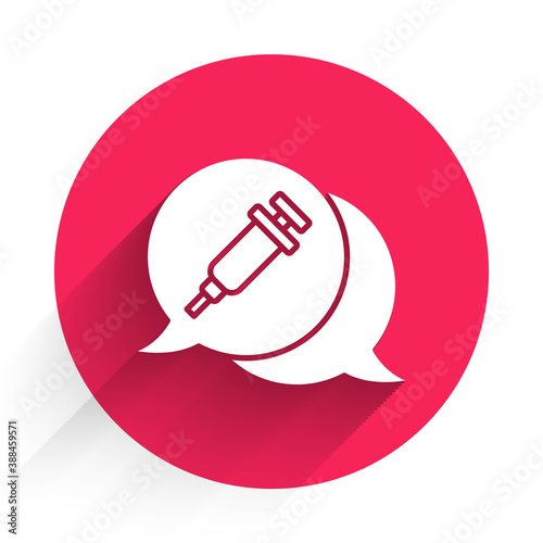 White Addiction to the drug icon isolated with long shadow. Heroin, narcotic, addiction, illegal. Sick junkie with a syringe and medical pills. Red circle button. Vector.