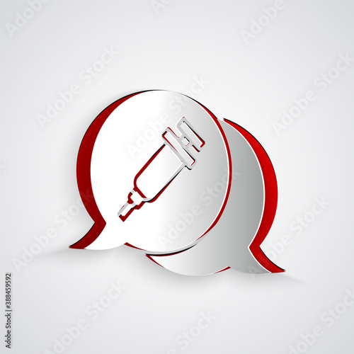Paper cut Addiction to the drug icon isolated on grey background. Heroin, narcotic, addiction, illegal. Sick junkie with a syringe and medical pills. Paper art style. Vector.