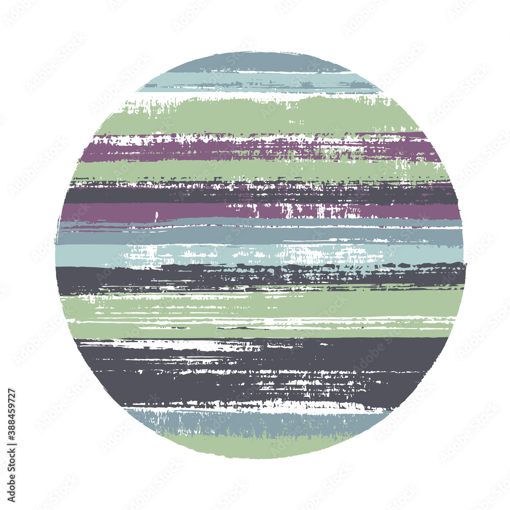 Abstract circle vector geometric shape with stripes texture of ink horizontal lines. Disk banner with old paint texture. Badge round shape logotype circle with grunge stripes background.