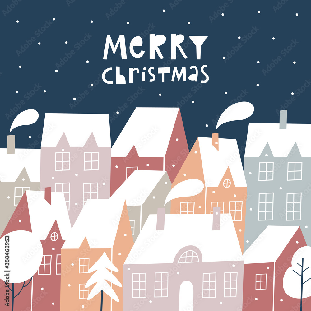 Template Christmas greeting card with winter town landscape. 