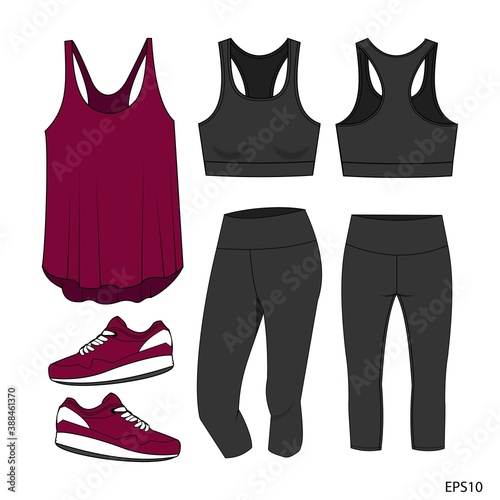 Set of sport wear collection. sports wear fashion  flat sketch template, fitness out fit front and back view