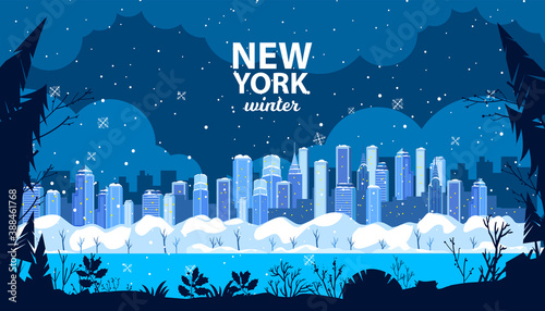 Photography Christmas winter vector city illustration with holiday New York skyscrapers, snow, park, pine trees silhouette