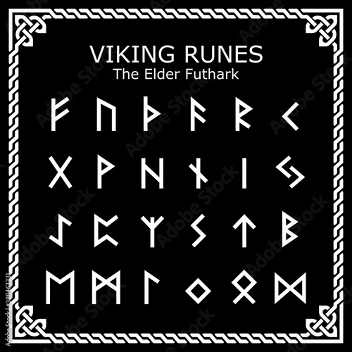 Viking Runes The Elder Futhark alphabet vector design set in celtic frame - white on black background 