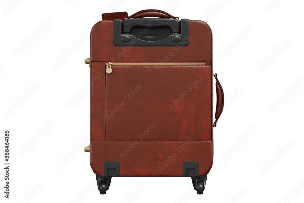 Suitcase leather with long handle, back view. 3D isolated white background