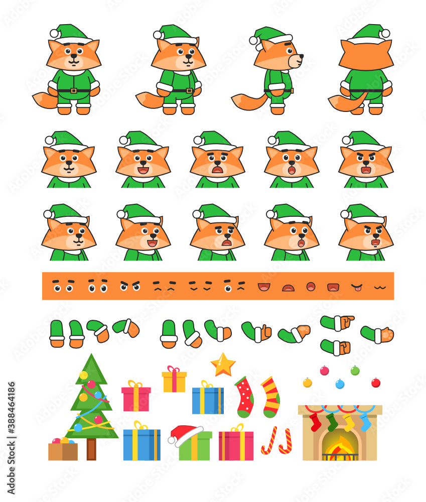 Fototapeta premium Fox in green Christmas outift creation set, various Christmas design elements. Vector illustration bundle