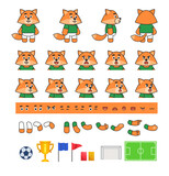 Cute Fox football player creation set, various soccer design elements. Vector illustration bundle