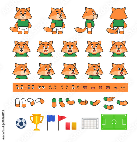 Cute Fox football player creation set, various soccer design elements. Vector illustration bundle