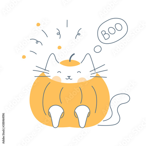 Halloween cat costume  cute cat in the pumpkin saying  Boo . Flat line vector illustration on white.