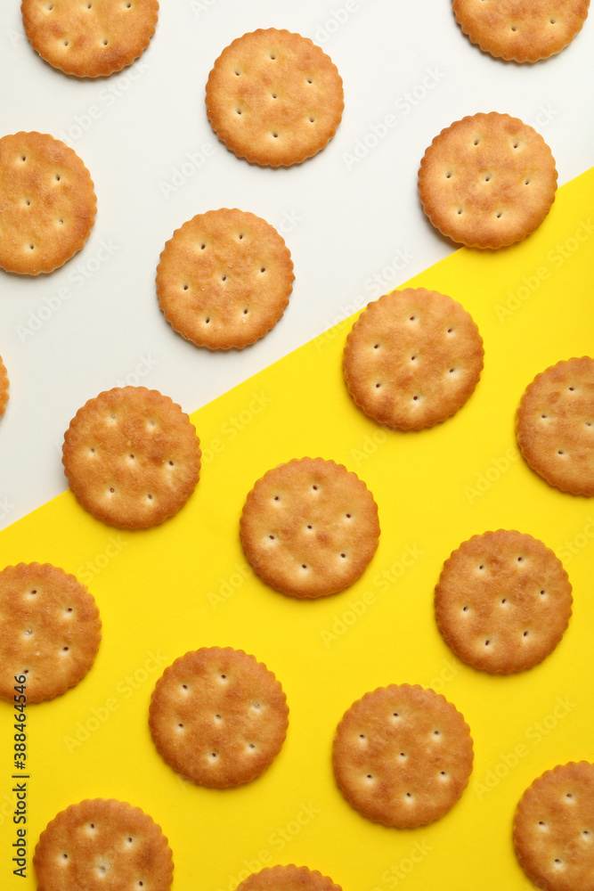 Flat lay with cracker biscuits on two tone background Flat lay with cracker biscuits on two tone background