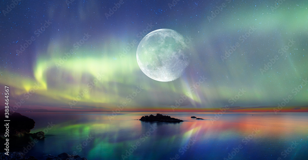 Northern lights (Aurora borealis) in the sky with super full moon - Tromso, Norway "Elements of this image furnished by NASA" - obrazy, fototapety, plakaty 