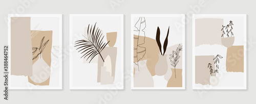 Botanical wall art vector set. Earth tone boho foliage line art drawing with  abstract shape.  Abstract Plant Art design for print, cover, wallpaper, Minimal and  natural wall art..