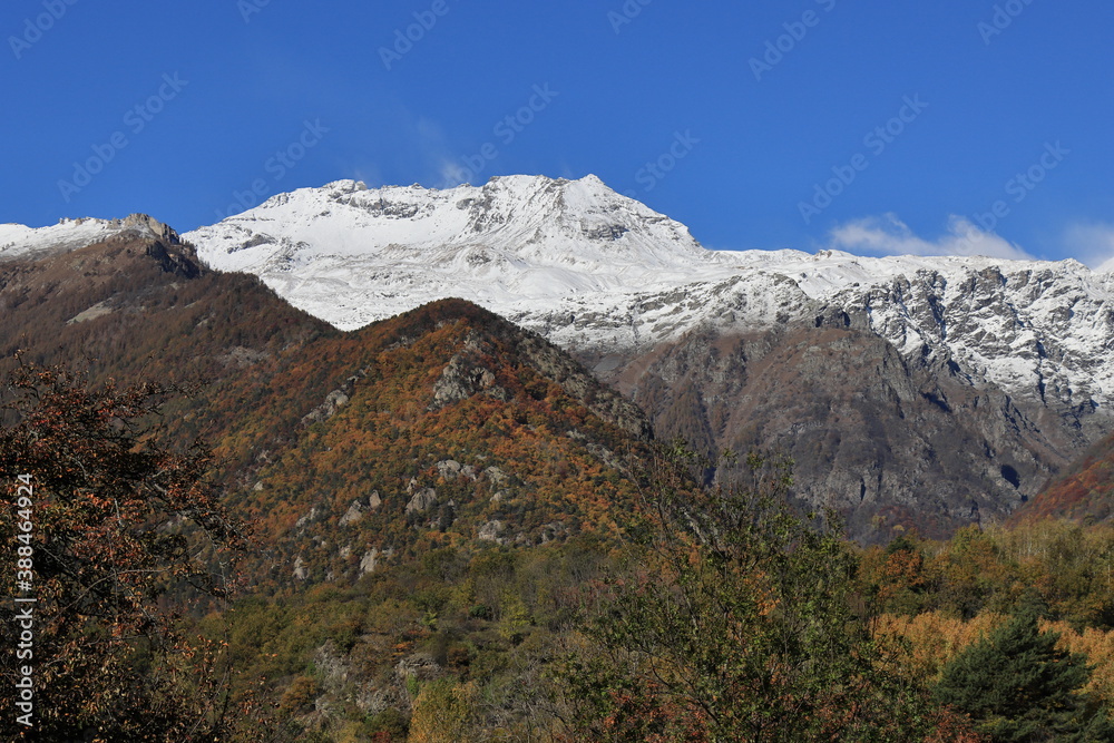 I colori dell'autunno nelle campagne della Valsusa con il Rocciamelone imbiancato dalla prima neve della stagione