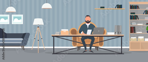 A businessman is working on a laptop in his office. Director's workplace. Laptop, documents, books, loft-style table. Vector.