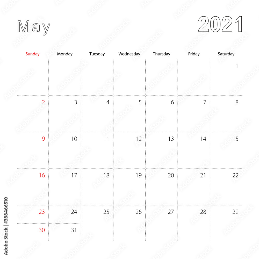 Simple wall calendar for May 2021 with dotted lines. The calendar is in English, week start from Sunday. Simple wall calendar for May 2021 with dotted lines. The calendar is in English, week start from Sunday.