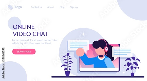 Online video chat. Internet talk, call technology. Video player window with speaking woman and messages. Modern flat iluustration.