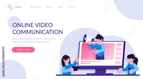 Online video communication or online learning, webinar. Video presentation and training in business. Modern flat illustration.