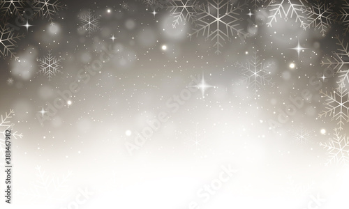 Winter background with snowflakes, glitter and stars. Vector christmas card.