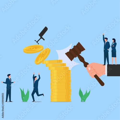 Hand hold hammer law punch the coins stack metaphor of fight against bribery. Business flat vector concept illustration.