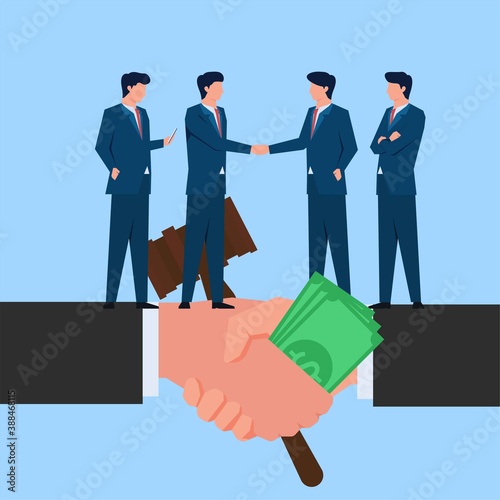 Man handshake for buy law metaphor of bribery and corruption. Business flat vector concept illustration.
