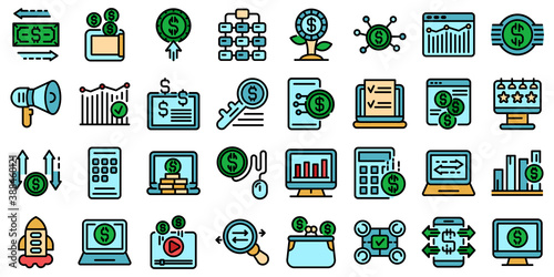 Monetization icons set. Outline set of monetization vector icons thin line color flat on white