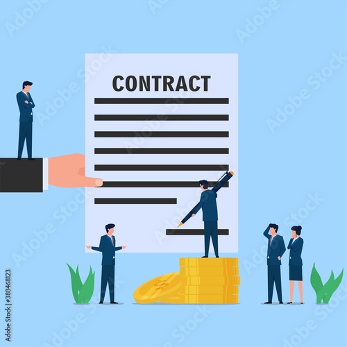 Manager climb coin and sign on contract metaphor of corruption and bribery. Business flat vector concept illustration.
